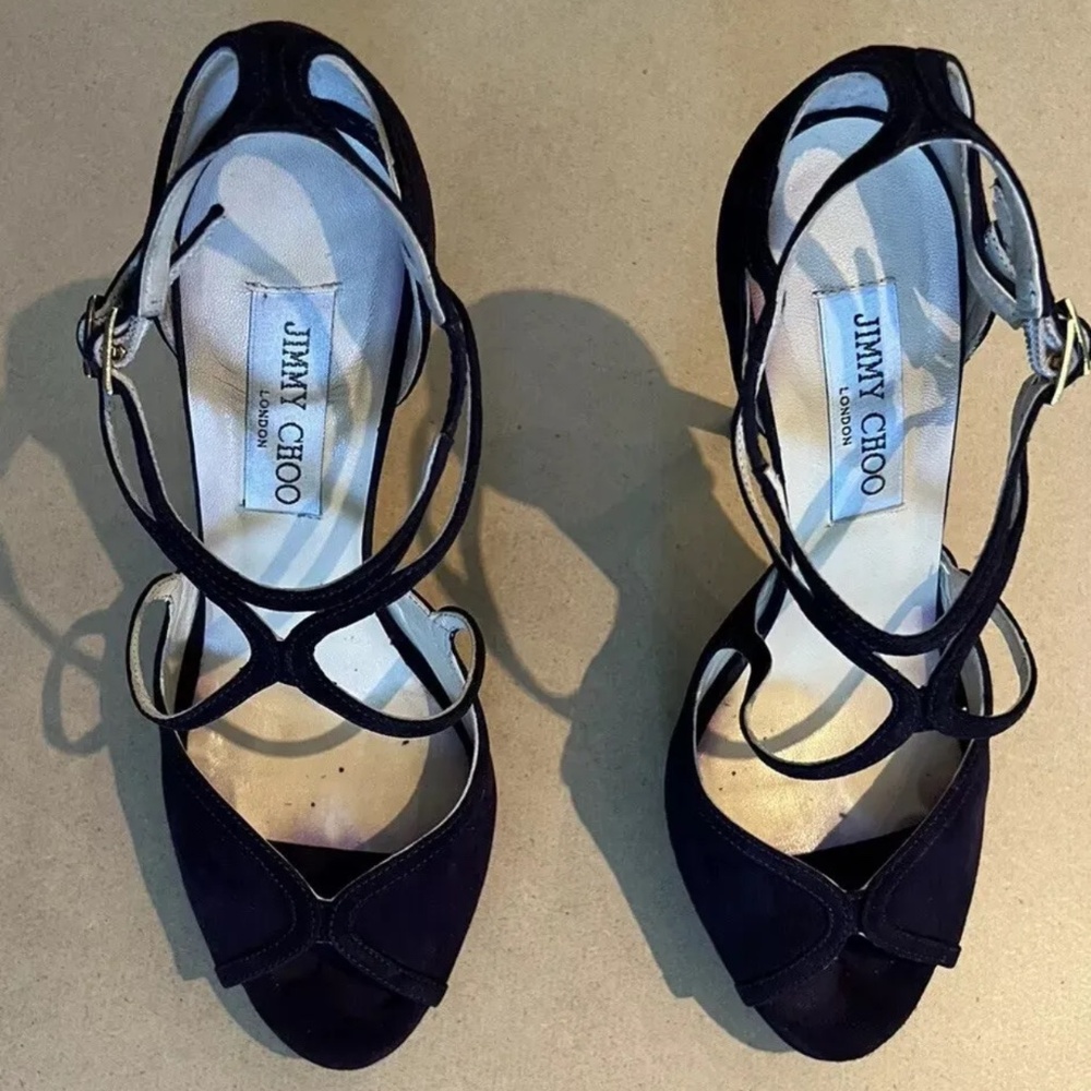 Jimmy Choo Fairview Sue Suede Peep Toe Pump—Eggplant—Worn Once—Size 38/8